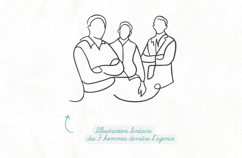Illustration linéaire des 3 hommes derrière l'agence