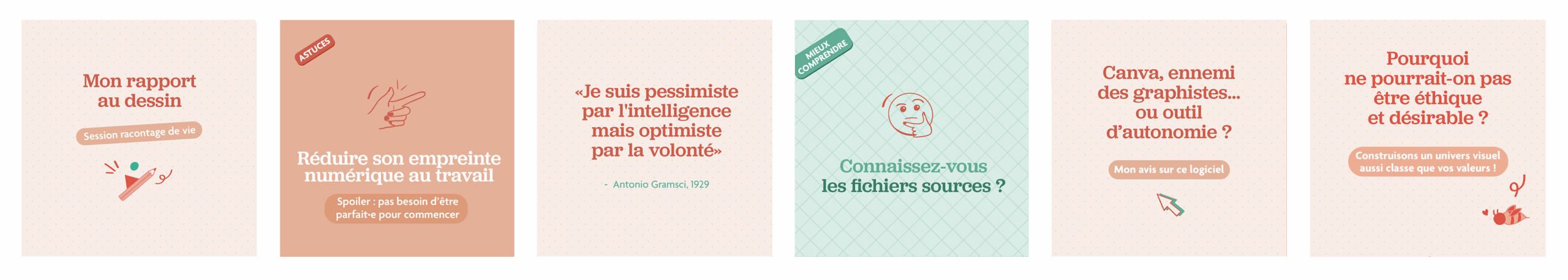 Aperçu des posts instagram : - mon rapport au dessin - réduire son empreinte numérique au travail - "Je suis pessimiste par l'intelligence mais optimiste par la volonté" - Connaissez-vous les fichiers sources ? - Canva, ennemi des graphistes... ou outil d'autonomie ? - Pourquoi ne pourrait-on pas être éthique et désirable ?